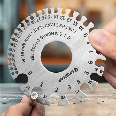 Close-up of Dual Sided Stainless Steel Wire Gauge Measuring Tool Set With 3 Pieces, 2 Round Gauges And 1 Sheet Metal Thickness Gauge showing round gauge markings.