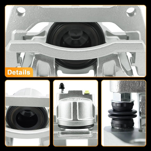 Betthand front-right brake caliper, silver finish; multi-view collage showing piston, bleeder valve, and boot.