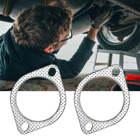 Two 3-inch exhaust gaskets with 2 bolt holes, graphite with fire ring, 77mm inner diameter, 2-pack.
