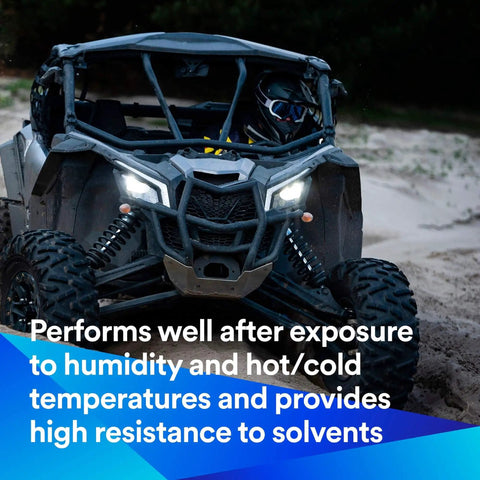 Off-road vehicle showing durability in harsh conditions, emphasizing performance after humidity, temperature changes, and solvent exposure.
