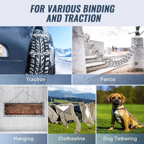 Images demonstrating uses of Grade 30 Chain Quarter Inch By 100 Feet Zinc Plated Proof Coil Chain for traction, fences, hanging, clotheslines, and dog tethering.