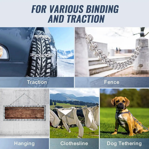 Image showing applications of Grade 30 Chain Three Sixteenth Inch 100 Ft Zinc Plated For Towing Guard Rails in different scenarios.