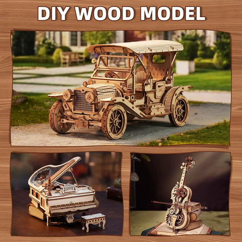 Three DIY wooden model kits including a vintage car, grand piano, and violin, designed for crafting enthusiasts.