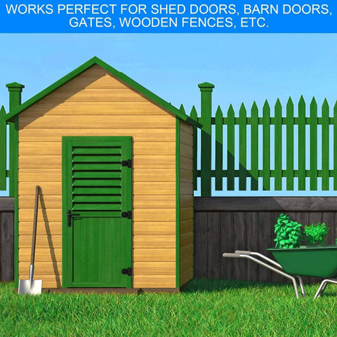 Garden shed with green door and fence, showcasing Heavy Duty Gate Hinges 3.5 Inch 6 Pack Extra Thick Industrial T Barn Door Hinges For Large Wooden Gates Wood Fence Outdoor With Black Iron Finish And Screws Included Rust Resistant Anti Rust Coating Waterproof For Outdoor Use