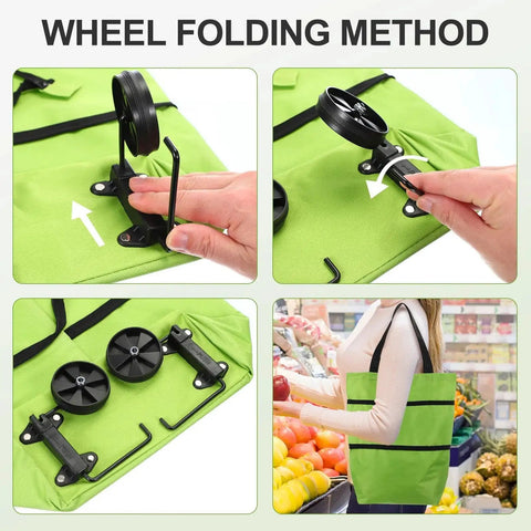 Wheel folding method for green folding shopping bag with wheels for travel and shopping 66lb capacity grocery cart