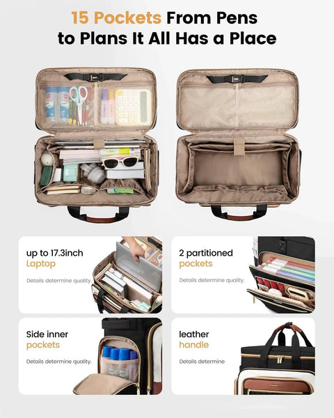 Interior view of three way carry rolling tote bag with detachable dolly, showing laptop compartment and organizer pockets.