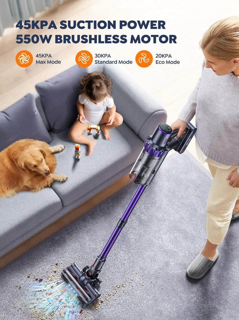 Dual Battery Cordless Vacuum Cleaner With 110 Minutes Run Time 45KPa Suction 550W Brushless Motor cleaning a carpet