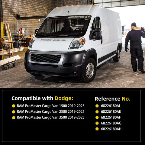 RAM ProMaster 2019-2025 cargo van parked in workshop, with compatibility and reference numbers displayed