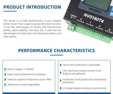 Diagram showing 4 Axis CNC Stepper Driver NV5160T4 with Pulse And Direction Control For Nema 23 24 And 34 Motors specifications.