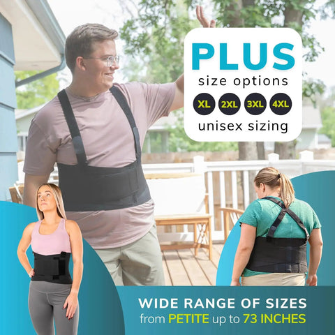 BraceAbility work back brace with removable suspender shoulder straps; black waist belt on a man, unisex sizing XL–4XL.