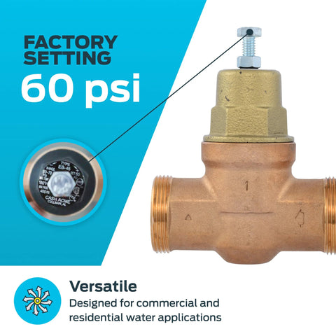 Cash Acme EB45 brass pressure regulating valve with metal top, 1 in NPT threads, 60 psi.