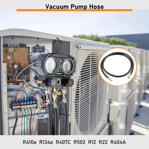 Beefy Heavy Duty Vacuum Hose Three Eighths Inch Six Foot For HVAC Quick Evacuation Black High Pressure 800 PSI Working Pressure 4000 PSI Burst Strength Durable And Flexible connected to HVAC system