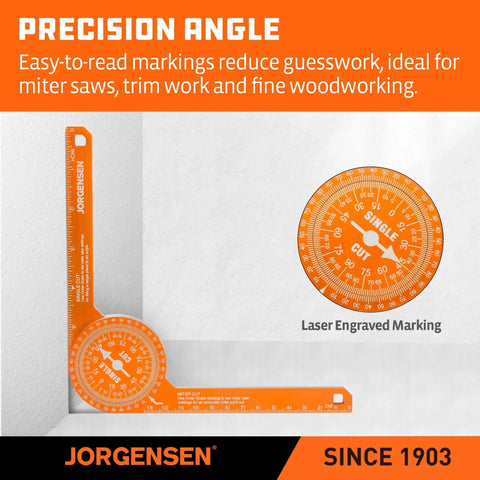 7 Inch Aluminum Miter Saw Protractor With Laser Etched Scales And Precision Angle Finder For Accurate Miter Cuts For Crown Molding Trim Work And Woodworking Projects For Carpenters And Contractors, showing front view of protractor with laser engraved markings.