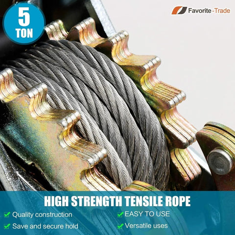 Heavy Duty Come Along Winch With 5 Ton Capacity And 10 ft Steel Cable Three Hooks Dual Gear System close-up showing cable