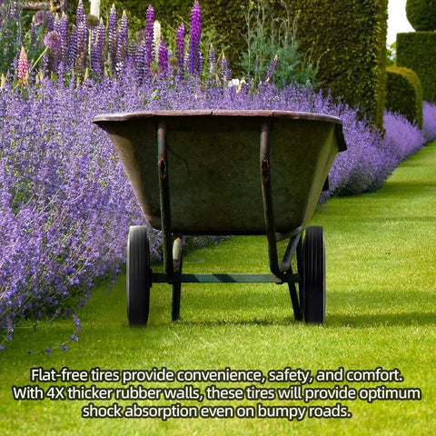 Wheelbarrow with Two Pack 10 Inch Flat Free Solid Rubber Tire And Wheel Assembly Fits Half Inch Three Quarter Inch And Five Eighth Inch Axles