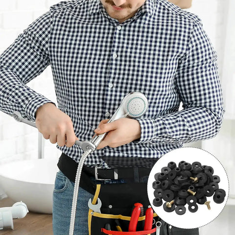 Man using Faucet Washer Repair Kit With 58 Pack Flat And Beveled Rubber Washers And Brass Screws For Quick DIY Leak Fix on shower.