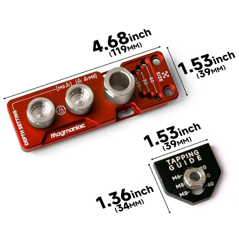 Pro Grade Beefy All Metal Aluminum Profile Drill Guide Kit With Access Hole Jig, Step Drills, Red Black, top view.