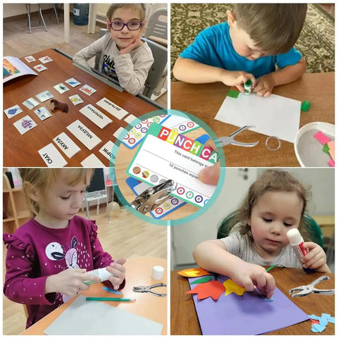 Children using Super Handy Single Hole Punch For Crafts And Scrapbooks, Quarter Inch Hole, Punches Up To 8 Sheets