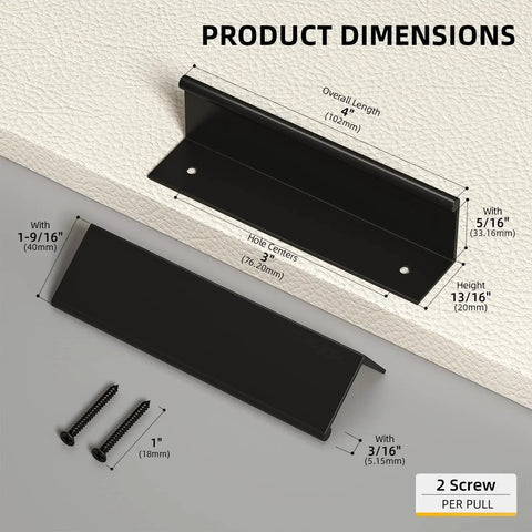 10 Pack Black Edge Finger Pull Cabinet Handles 3 Inch Aluminum Alloy Dresser And Drawer Pulls shown with dimensions and screws