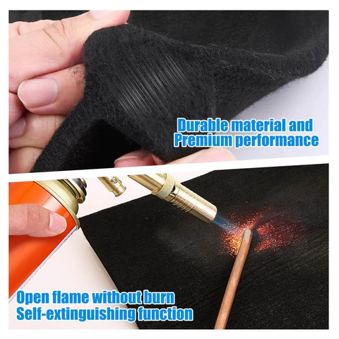 Close-up of 2Pack 10mm Thick Fireproof Welding Blanket 12x12 Inches Carbon Felt Shield with hand and flame demonstration
