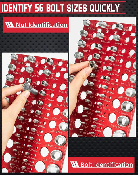 56 Thread Checker for Standard and Metric Bolts, 30 SAE and 26 Metric Size Thread Gauge showing nut and bolt identification.