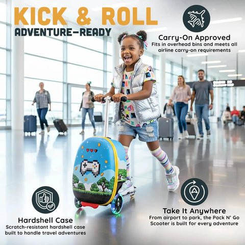 Girl riding Kids Ride On Luggage With Built In Scooter with LED Wheels, colorful hardshell design, in airport setting, durable travel gear for ages 5-12.
