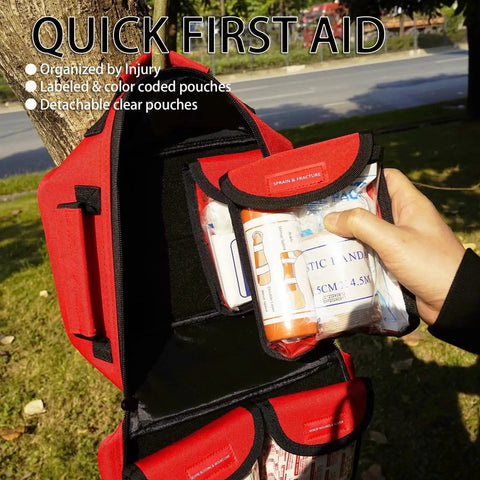 Open view of Essential 418 Piece First Aid Kit For Home Travel Camping Hiking And Outdoor Emergencies with labeled pouches