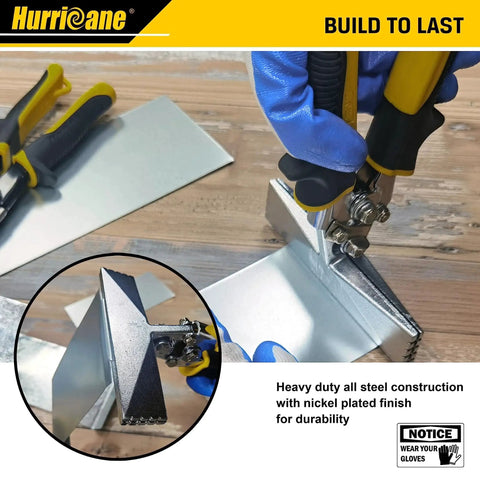 Six Inch Sheet Metal Hand Seamer With Straight Jaw Bender Pliers Pro Grade TyreGrip Ergonomic Handle in use on metal sheet