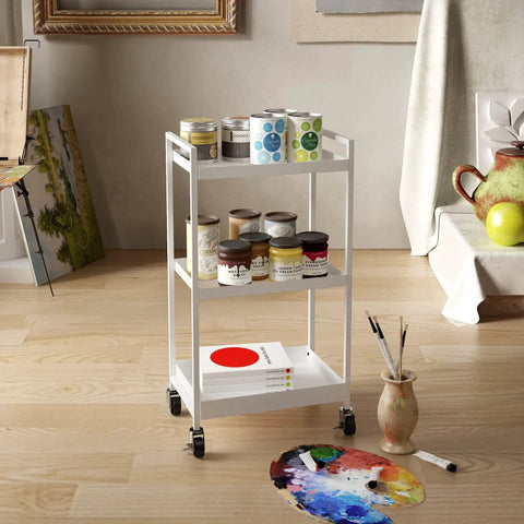 3-Tier Metal Utility Rolling Cart With Lockable Casters For Kitchen Office And Bathroom Storage White holding art supplies