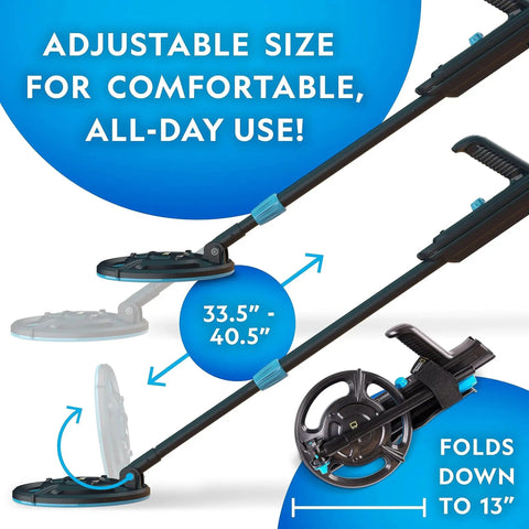Kids Metal Detector Starter Kit For Treasure Hunting With 7.4 Inch Waterproof Coil, Lightweight Beach Detector, adjustable length shown.
