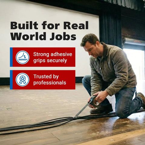 Man using Professional Gaffer Tape 2 Inch By 30 Yard Non Reflective Heavy Duty Black on stage to secure cables