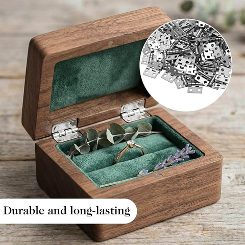 Open jewelry box with visible silver mini hinges, inset showing 100 pcs mini hinges set with 400 screws 10x8mm silver butt hinges