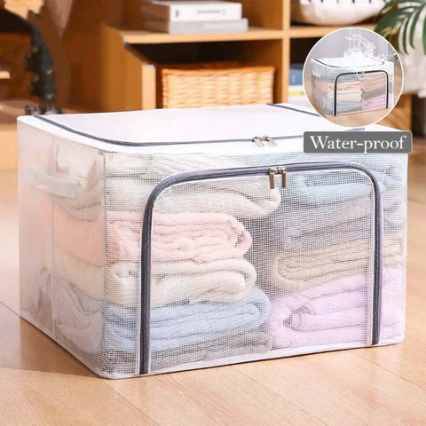 Huge 80L Foldable Storage Bins Organizer With Metal Frame And Durable Handles Clear And Gray 3 Pack For Clothes Bedding Toys
