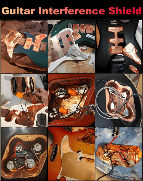 Copper foil shielding tape, 1/2 in wide, conductive for EMI/RFI; collage of guitars and electronics shielding.