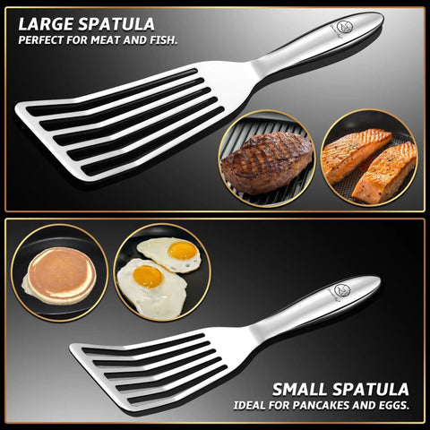 Ultra Thin Edge Stainless Steel Spatula Set With Large Fish Turner And Small Slotted Spatula, Ergonomic Non Slip Handles, Seamless One Piece Construction, Dishwasher Safe, Perfect For Flipping Fish, Pancakes, Eggs, And Delicate Foods, showing both spatulas next to cooked food examples.