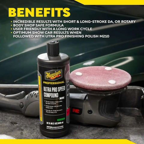 Ultra Pro Speed Compound M11032 Heavy Duty Compound For Pro Scratch Removal Oxidation Removal Heavy Swirl Mark Removal And Car Polish For DA Polisher Use 32 Oz bottle next to DA polisher and sanding pad