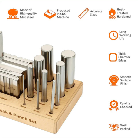 Steel 2.5 Inch Swage Block With 16 Punch Set on wooden stand for jewelry making, with detailed features highlighted