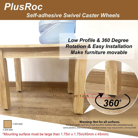 Heavy Duty 1 Inch Self Adhesive Caster Wheels Four Pack for Furniture and Appliances, low profile swivel rollers on table leg