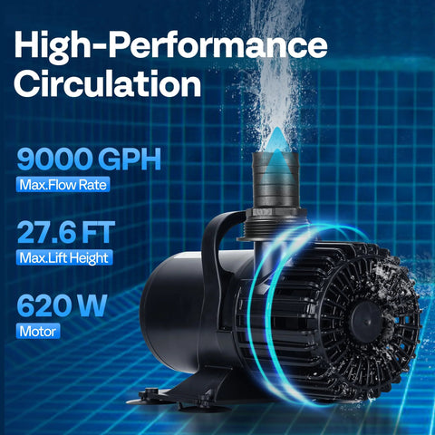 VIVOHOME 620W submersible pond pump with black plastic housing; 9000 GPH max flow for koi ponds and fountains.