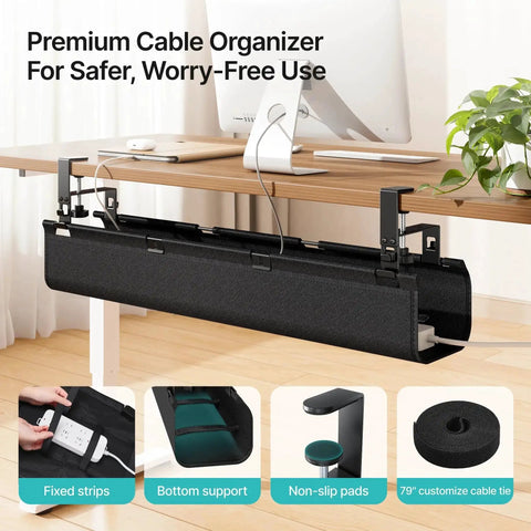 Under Desk Cable Management Tray 31.5 Inches No Drill Clamp Mount Wire Organizer installed under desk, showing premium fabric