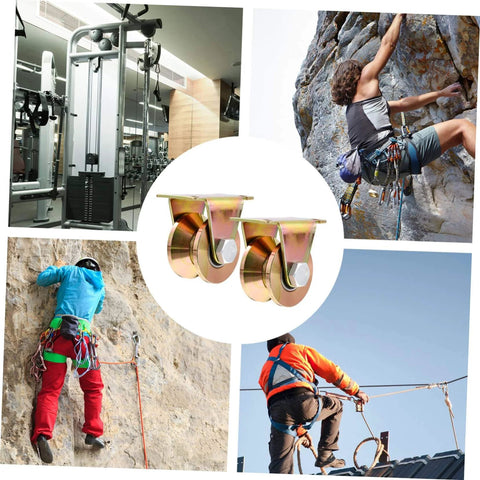 Heavy Duty Track Wheel Pulleys Set, V Groove Wheel Design in a collage with climbing and gym equipment