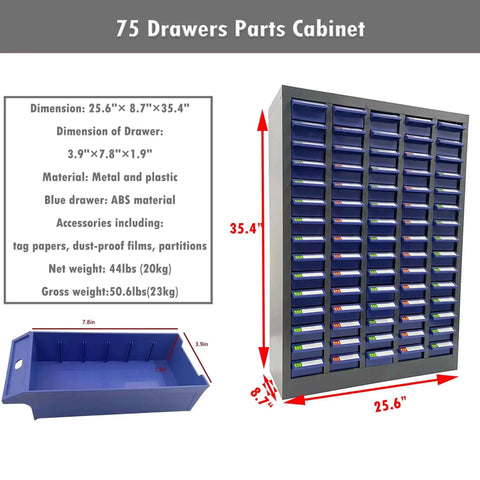 Heavy Duty Steel Parts Organizer With 75 Drawers And Customizable Dividers For Bolts And Nuts shown from the side with dimensions