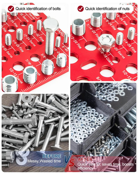 All In One Nut And Bolt Thread Checker Kit With 62 Pieces, 25 Standard And 25 Metric Thread Gauges, 12 Drill Bit Gauges, Wall Mount Bolt Size Finder For Fasteners And Drill Bits showing the quick identification of bolts and nuts.