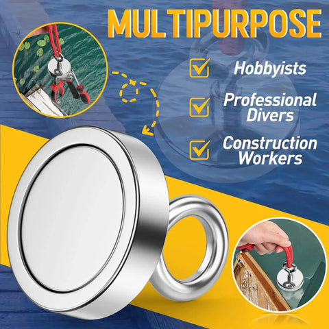 Heavy Duty Fishing Magnet 500 Lb Pulling Power 2.36 Inch Base for Treasure Hunts with multipurpose uses.