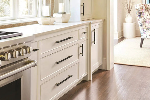 Contemporary Cabinet Pull In Black Bronze And Golden Champagne Finish With Twelve And One Half Inch Overall Length And Ten And One Sixteenth Inch Center To Center Mounting Holes London Style Drawer Pull For Cabinets And Furniture And Doors One Pack installed on kitchen cabinets