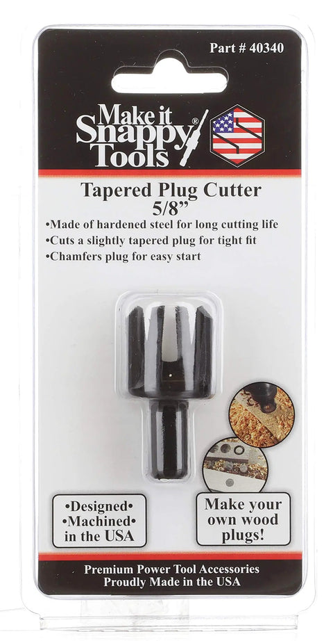 Packaging of Tapered Five Eighths Inch Hex Shank Plug Cutter For Concealing Screws And Fasteners Use Scraps To Match Wood Grain Or Create A Decorative Contrast Snappy Plug Cutter Made In USA, highlighting features and USA origin.
