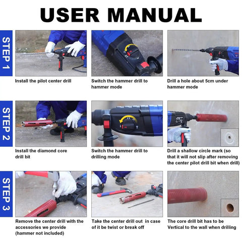 Step-by-step user manual for installing Diamond Core Drill Bits by SALI 2 1/2 Inch Diameter Heavy-Duty Turbo Laser Welded Segments.