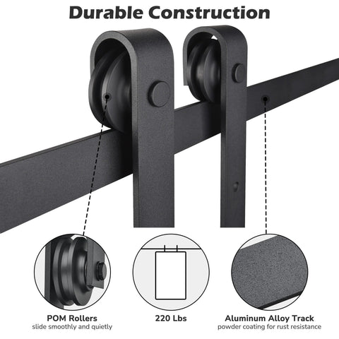 6-6 Ft Sliding Barn Door Hardware Kit For Heavy Duty Closet And Cabinet Doors, close-up of aluminum alloy track and rollers