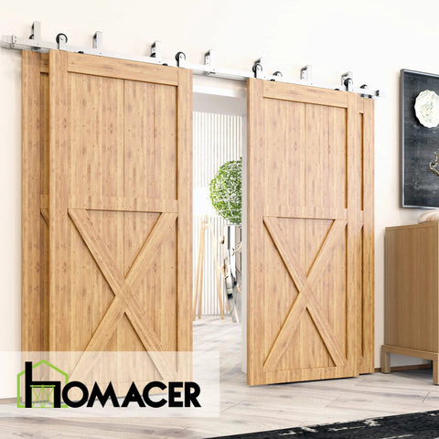 Brushed Nickel Sliding Barn Door Hardware Kit With Double Track Bypass For Four Doors installed in modern home setting