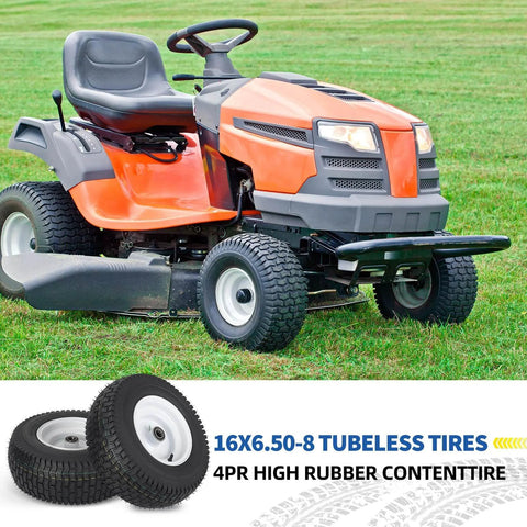 16x6.50-8 Tubeless Lawn Mower Tire And Wheel Set With 1 Inch Bearing And 4 Inch Centered Hub Beefed Up 4 Ply V Turf Pattern